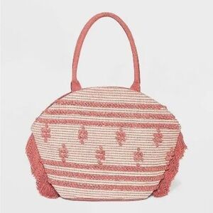 Shade & Shore Pink Straw Fringe Beach Tote Handbag